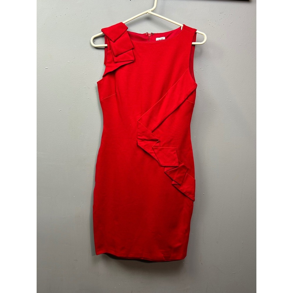 Cache Sheath Dress‎ Womens 2 Red Sleeveless Bow Shoulder Ruffle Cocktail 11641